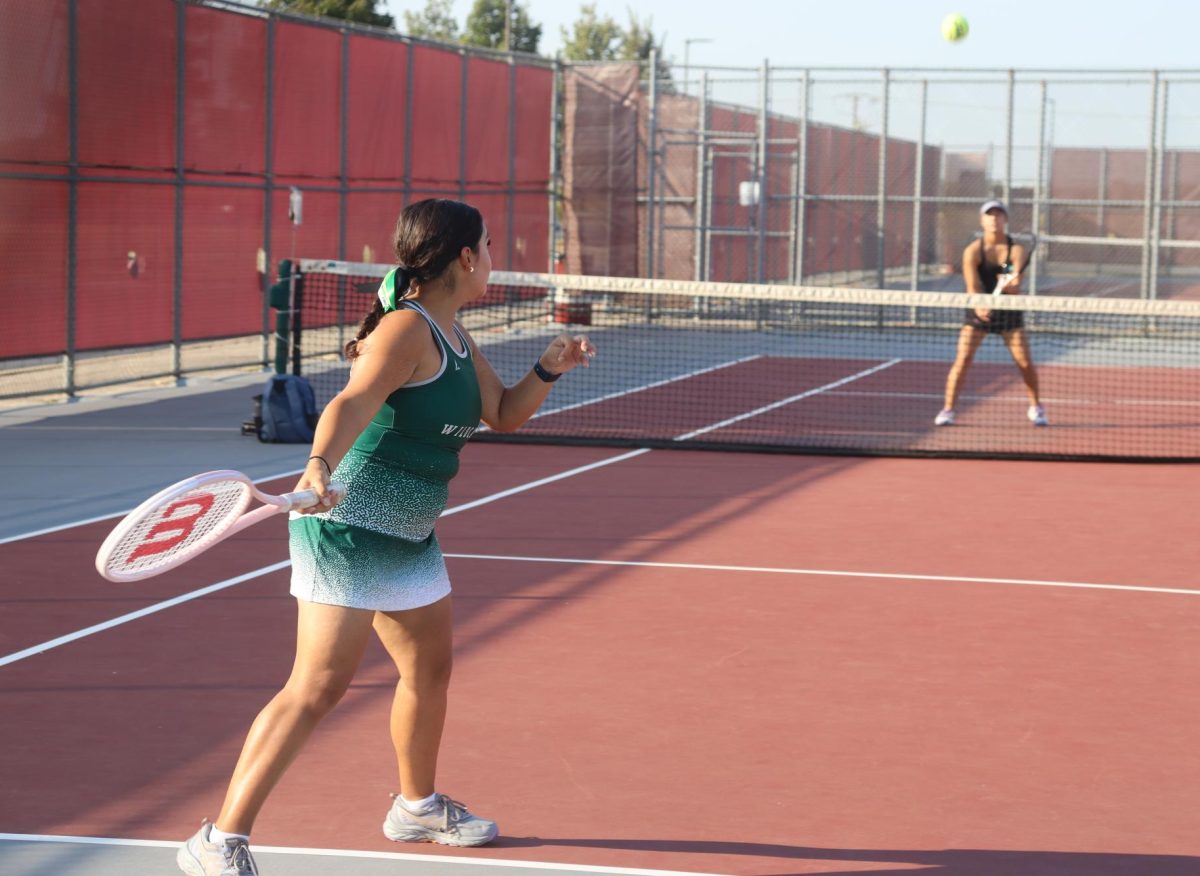 Senior Jennifer Oceguera returns the ball in her victorious match against Plainfield North. 